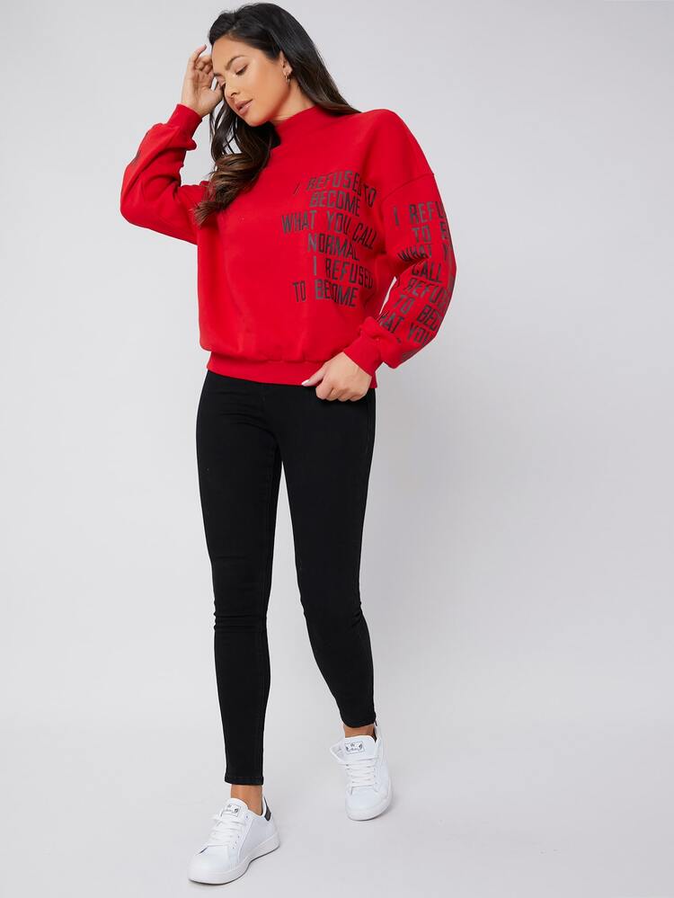 Mock Neck Drop Shoulder Slogan Graphic Pullover
