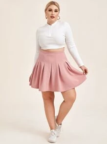 SHEIN EZwear Plus Zipper Side Boxy Pleated Skirt - Coral Pink - View 3