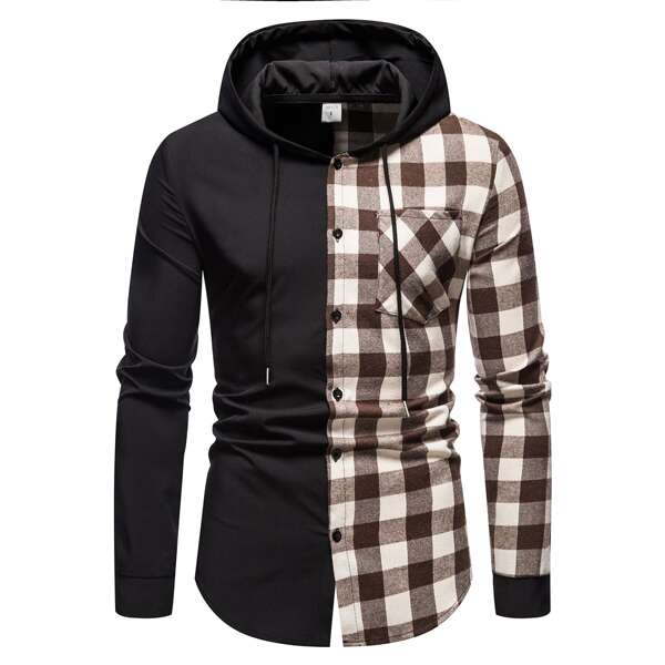 

Men Contrast Buffalo Plaid Drawstring Hooded Shirt, Multicolor