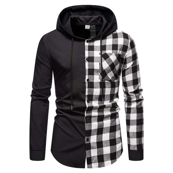 

Men Contrast Buffalo Plaid Drawstring Hooded Shirt, Black and white
