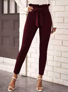 SHEIN Privé Belted Paperbag Waist Skinny Pants - Maroon - View 1