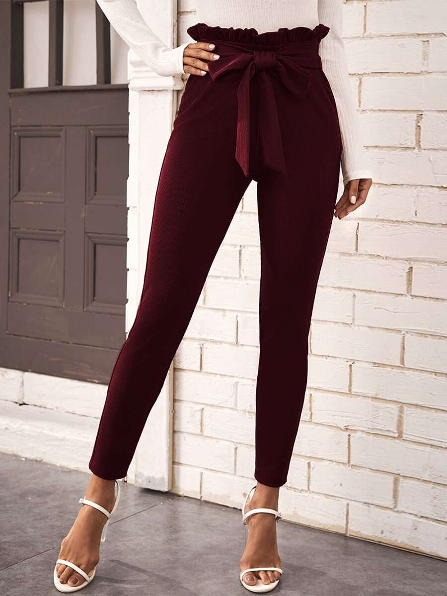 SHEIN Privé Belted Paperbag Waist Skinny Pants - Maroon - View 1