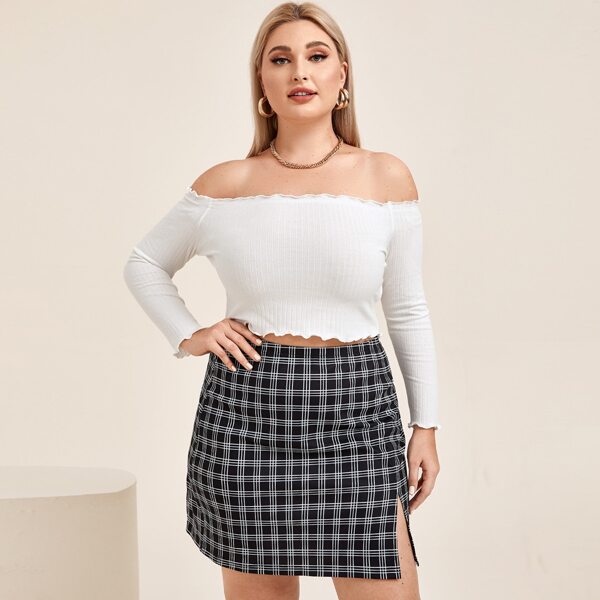 

Plus Lettuce Trim Bardot Crop Top & Split Hem Plaid Skirt Set, Black and white
