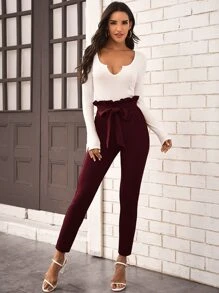 SHEIN Privé Belted Paperbag Waist Skinny Pants - Maroon - View 4