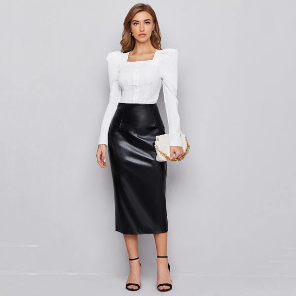 

Square Neck Gigot Sleeve Blouse and PU Leather Skirt Set, Black and white