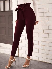 SHEIN Privé Belted Paperbag Waist Skinny Pants - Maroon - View 5