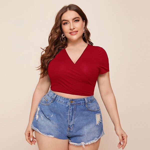 

Plus Tie Back Wrap Crop Top, Red