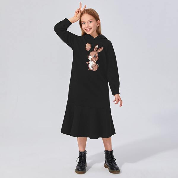 

Girls Rabbit Print Drop Shoulder Flounce Hem Hoodie Dress, Black