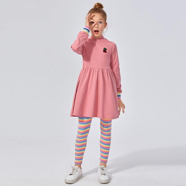

Girls Cherry Patched Rainbow Striped Hoodie and Leggings Set, Pink