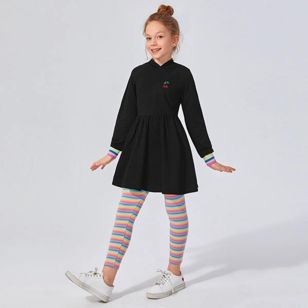

Girls Cherry Patched Rainbow Striped Hoodie and Leggings Set, Black