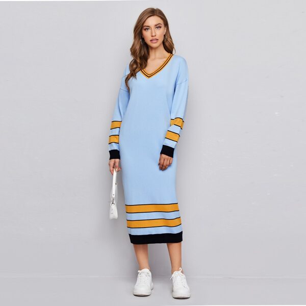

V-neck Drop Shoulder Striped Sweater Dress, Baby blue