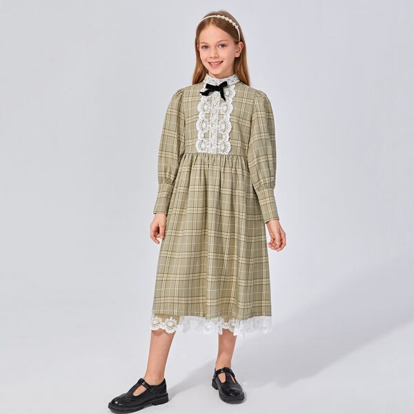 

Girls Puff Sleeve Contrast Lace Detail Plaid Dress, Multicolor