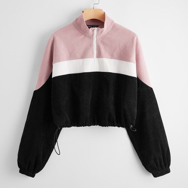 

Drawstring Hem Half Zipper Placket Colorblock Cord Jacket, Multicolor