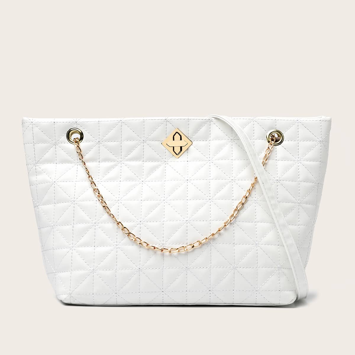 

Quilted Chain Tote Bag, White