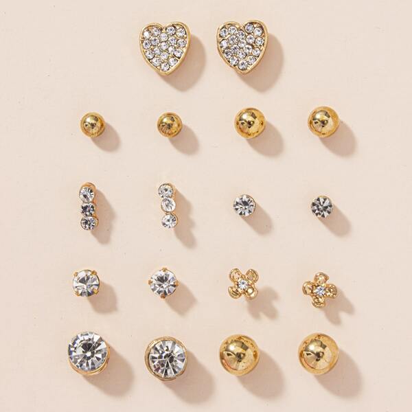 

9pairs Rhinestone Decor Stud Earrings, Gold