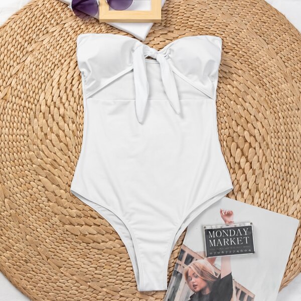 

Cut-out Knot Front Bandeau One Piece Swimsuit, White