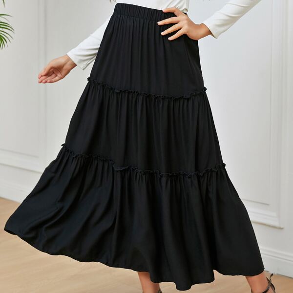 

Frill Trim Flared Skirt, Black