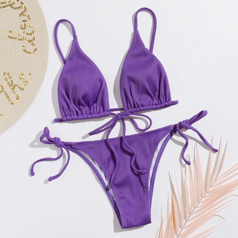 

Solid Tie Side Bikini Swimsuit, Violet purple