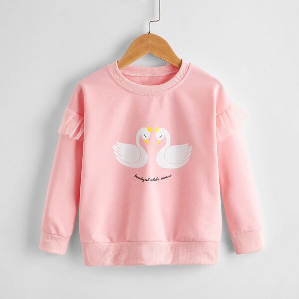 

Toddler Girls Swan Print Ruffle Trim Sweatshirt, Baby pink