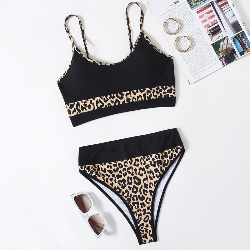

Contrast Leopard High Waist Bikini Swimsuit, Multicolor