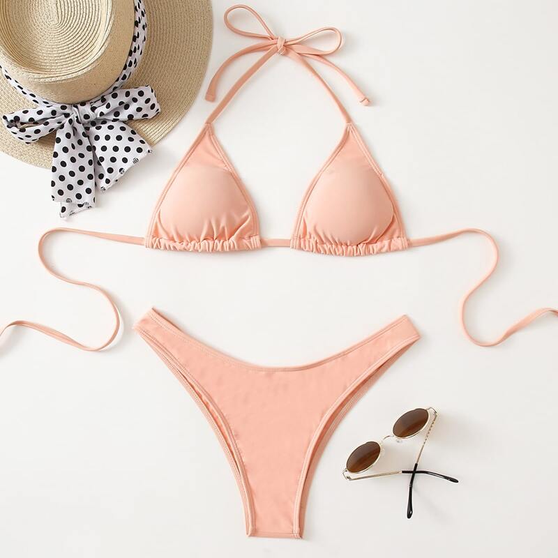 

Solid Triangle Bikini Swimsuit, Coral pink