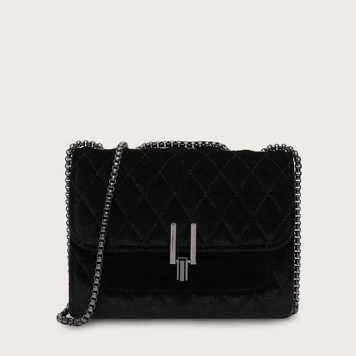 

Velvet Quilted Chain Crossbody Bag, Black