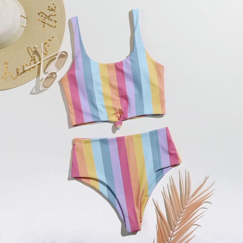 

Colorful Striped High Waist Bikini Swimsuit, Multicolor