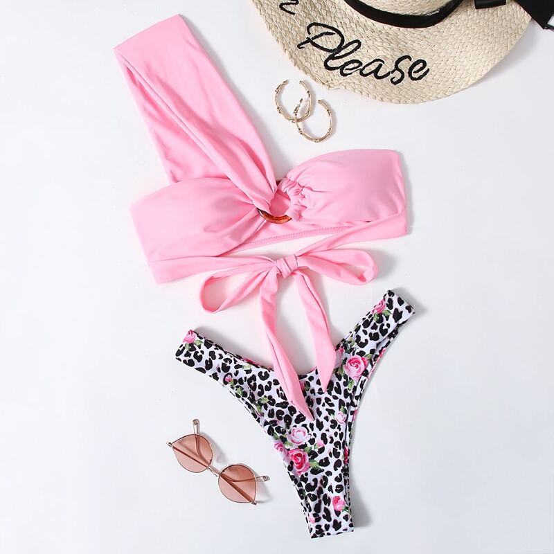 

One Shoulder Leopard Floral High Cut Bikini Swimsuit, Multicolor