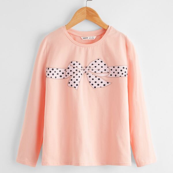 

Girls Bow Print Tee, Pastel coral pink