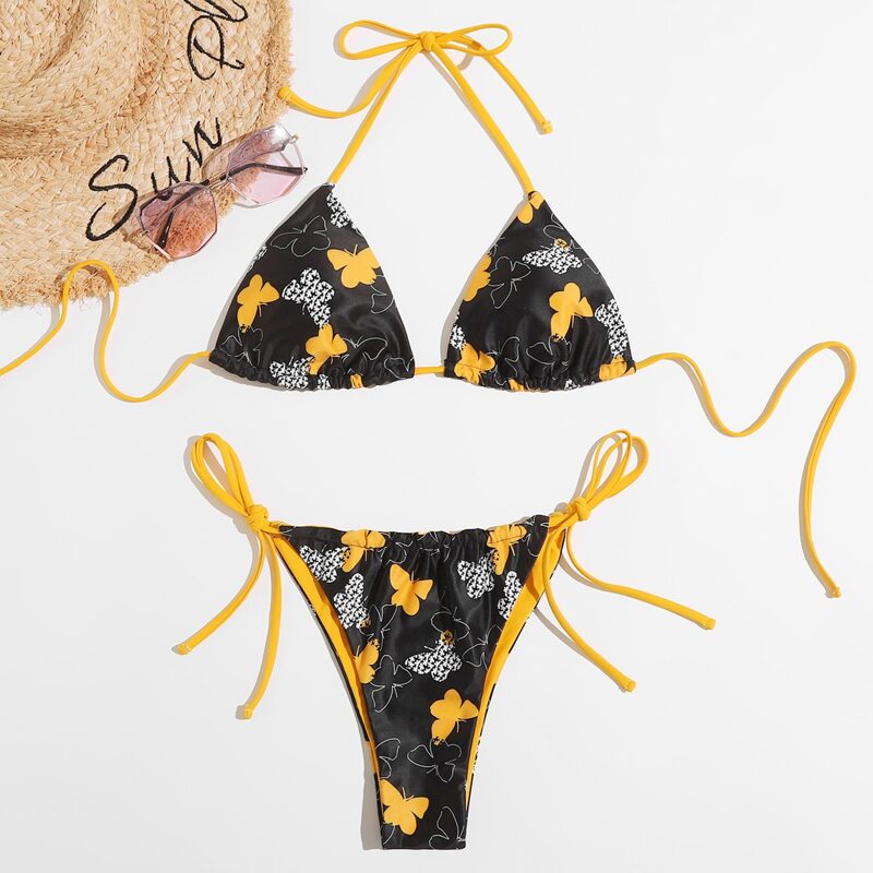 

Butterfly Print Tie Side Bikini Swimsuit, Multicolor