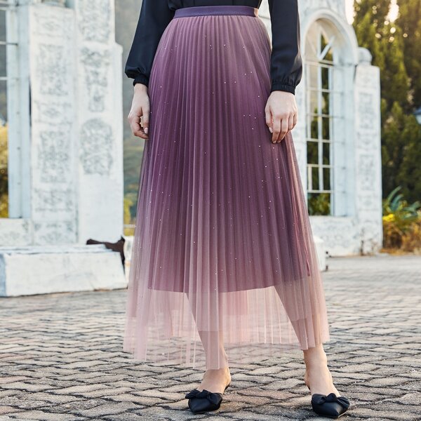 

Elastic Waist Mesh Pleated Skirt, Purple
