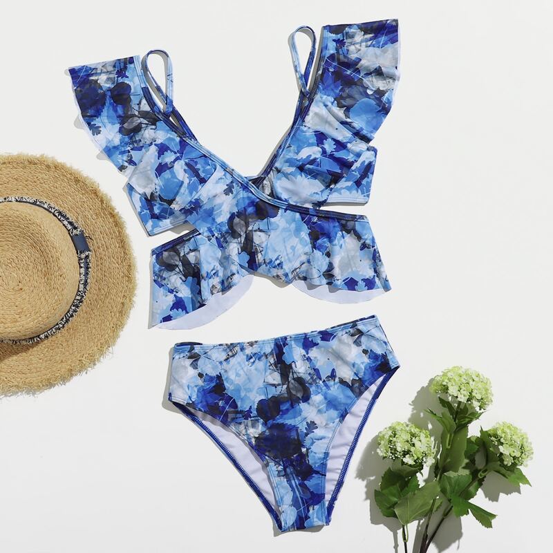 

Allover Print Ruffle Bikini Swimsuit, Blue