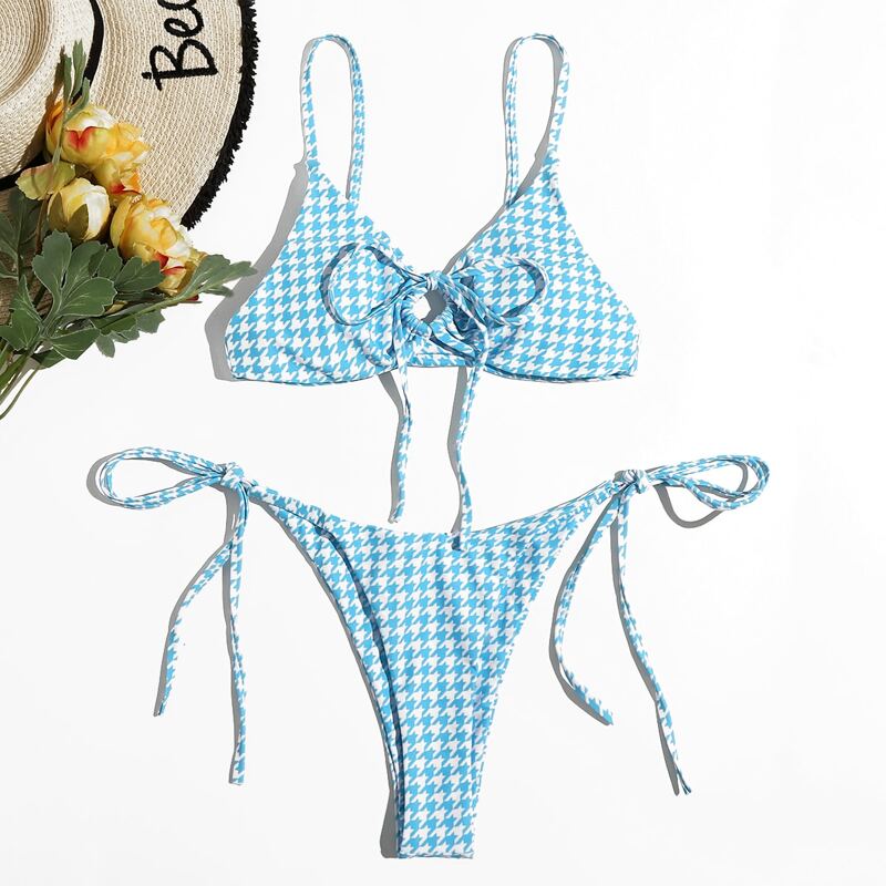 

Houndstooth Print Tie Side Bikini Swimsuit, Blue and white