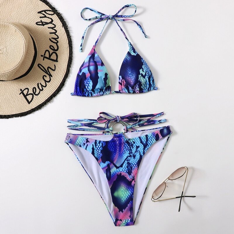 

Snakeskin Criss Cross Triangle Bikini Swimsuit, Multicolor
