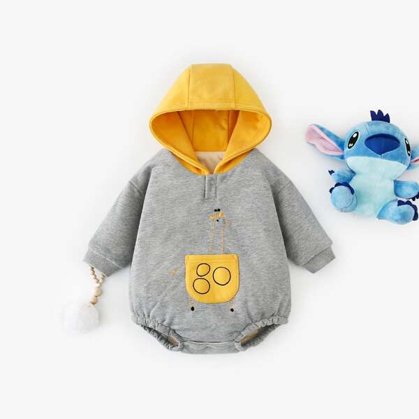 

Baby Unisex Cartoon Embroidery Thermal Lined Hooded Bodysuit, Grey