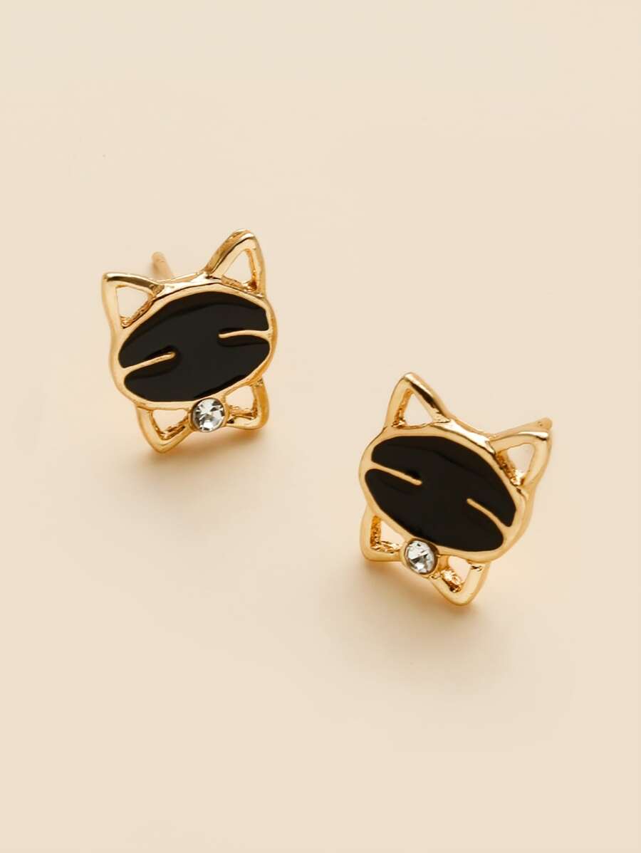 卡通貓咪設計耳釘 - 金黃色 - 查看 1
