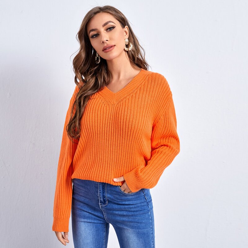 

Neon Orange V-neck Drop Shoulder Sweater, Orange neon
