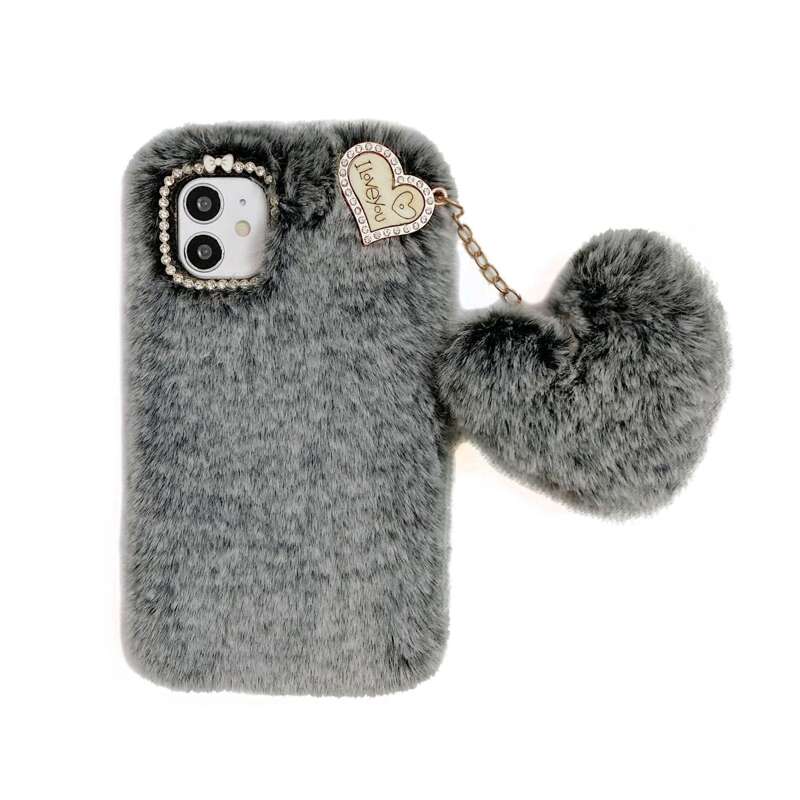 

Rhinestone Heart Fluffy iPhone Case, Grey