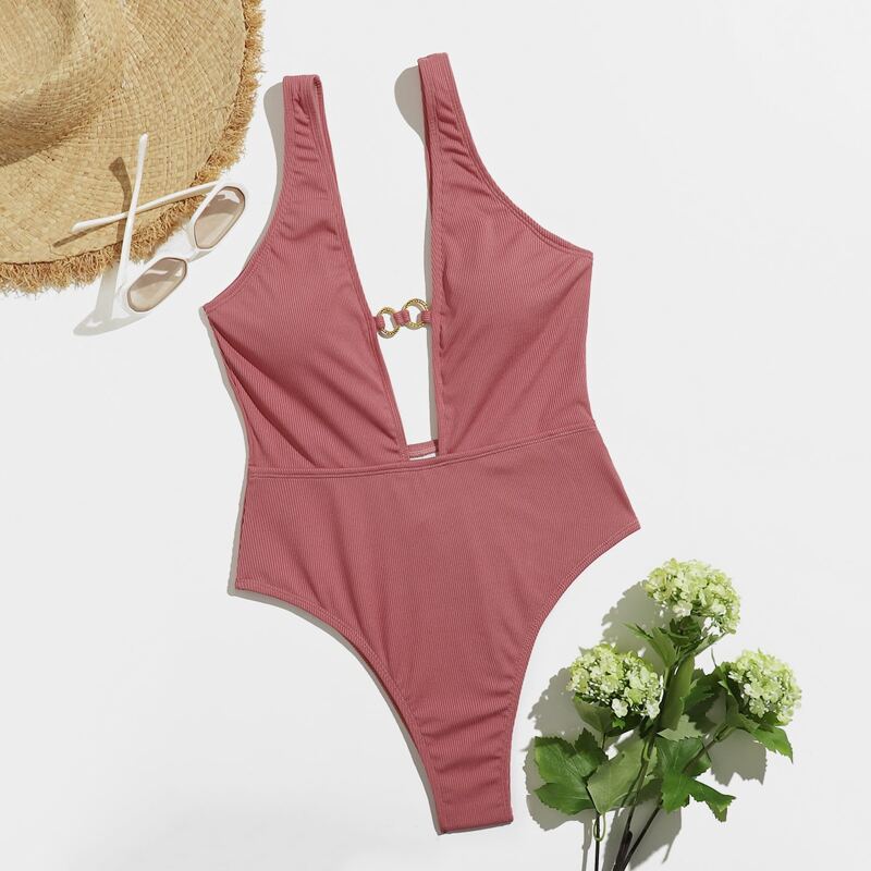 

Solid Plunge One Piece Swimsuit, Redwood