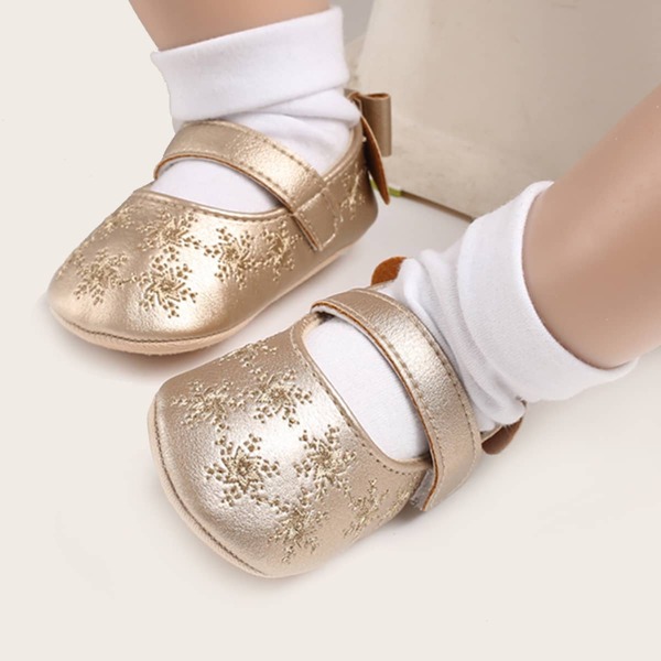 

Baby Girl Embroidered Design Velcro Strap Flats, Gold