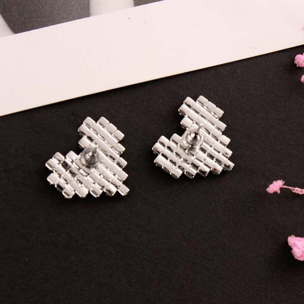 Rhinestone Heart Stud Earrings, Silver