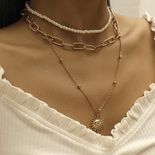 

Sun Charm Layered Necklace, Gold