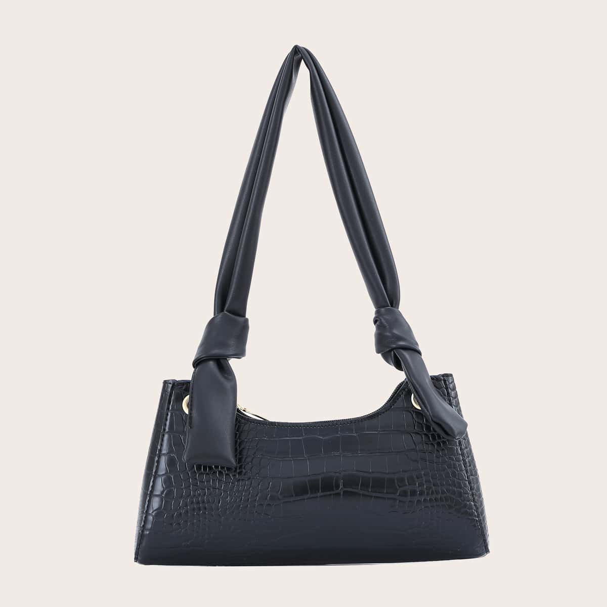 

Knot Decor Croc Embossed Shoulder Bag, Black