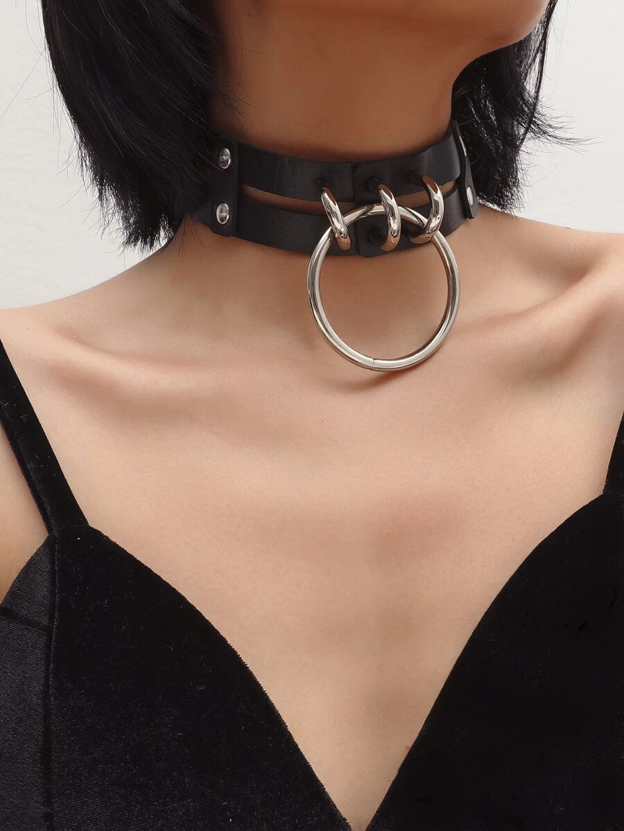 圓環吊墜多層頸鍊 - 黑色 - 查看 1