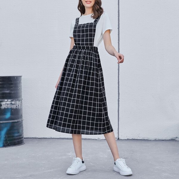 

Elastic Waist Grid Print Overall Dress, Black