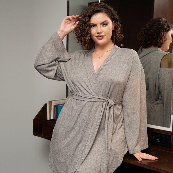 

Plus Curved Hem Drop Shoulder Belted Robe, Grey