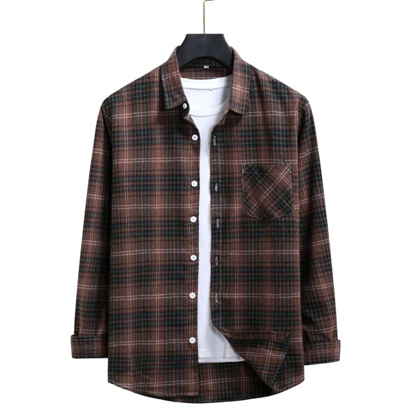 

Men Pocket Front Plaid Button Up Shirt, Chocolate brown