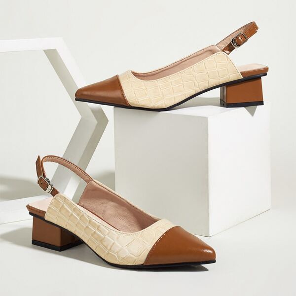 

Cap Toe Croc Embossed Slingback Pumps, Brown