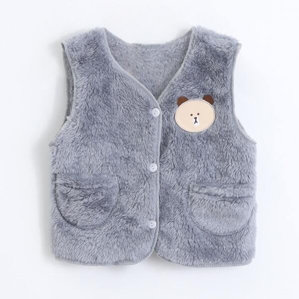 

Toddler Girls Bear Patched Single Breasted Teddy Vest, Grey