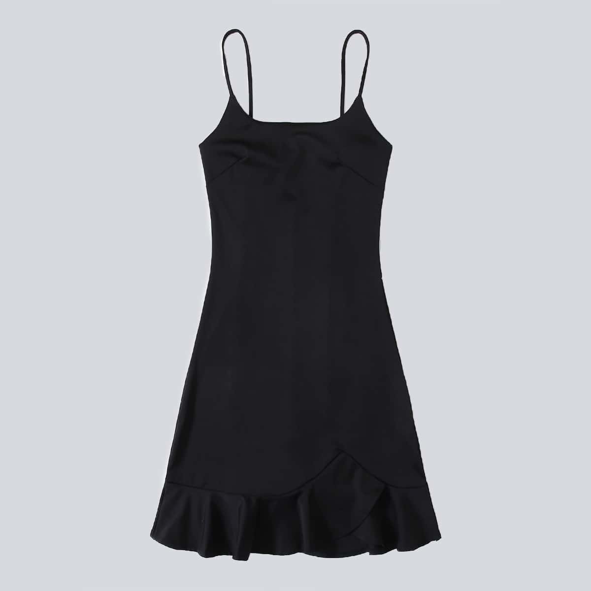 

Solid Ruffle Hem Cami Dress, Black